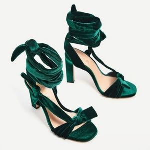 Zara Trafaluc emerald green velvet bow ankle tie strappy heels